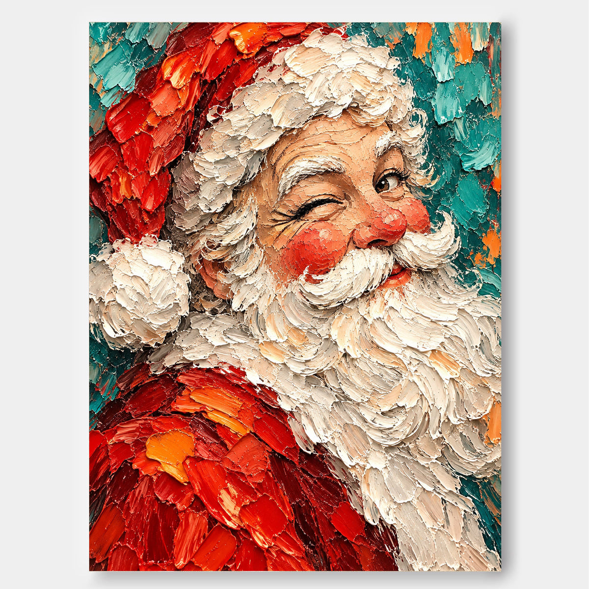 Hand-Painted Winking Santa Portrait Canvas Art With Red And Teal Colors