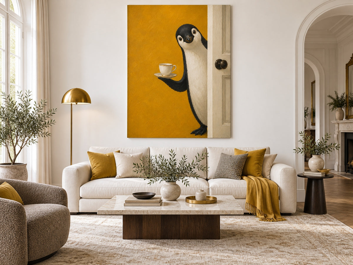 Hand-Painted Penguin With Tea Cup Modern Animal Canvas Art