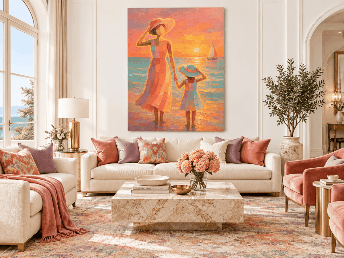 Mother And Daughter Sunset Beach Hand-Painted Canvas Art With Sailboat