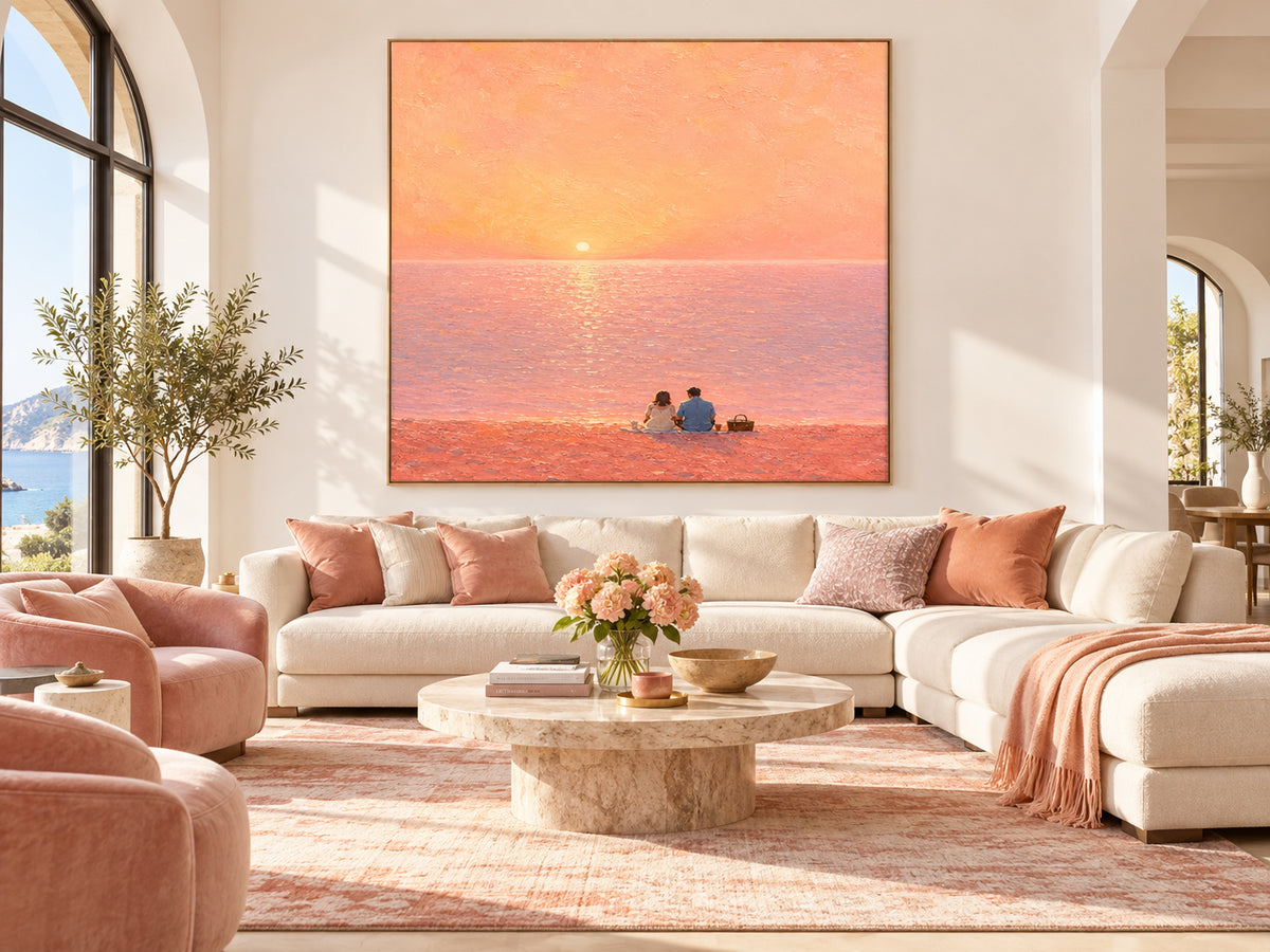 Romantic Couple Sunset Beach Hand-Painted Canvas Art In Pink And Gold Tones