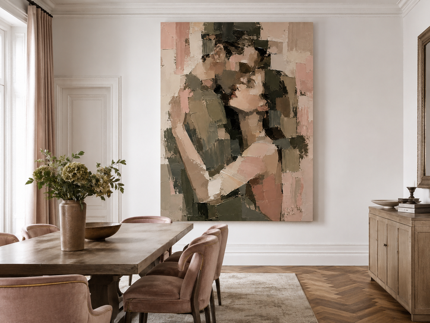 Modern Abstract Oil Painting Of Lovers Embrace With Geometric Impasto Texture For Bedroom Wall Art Decor