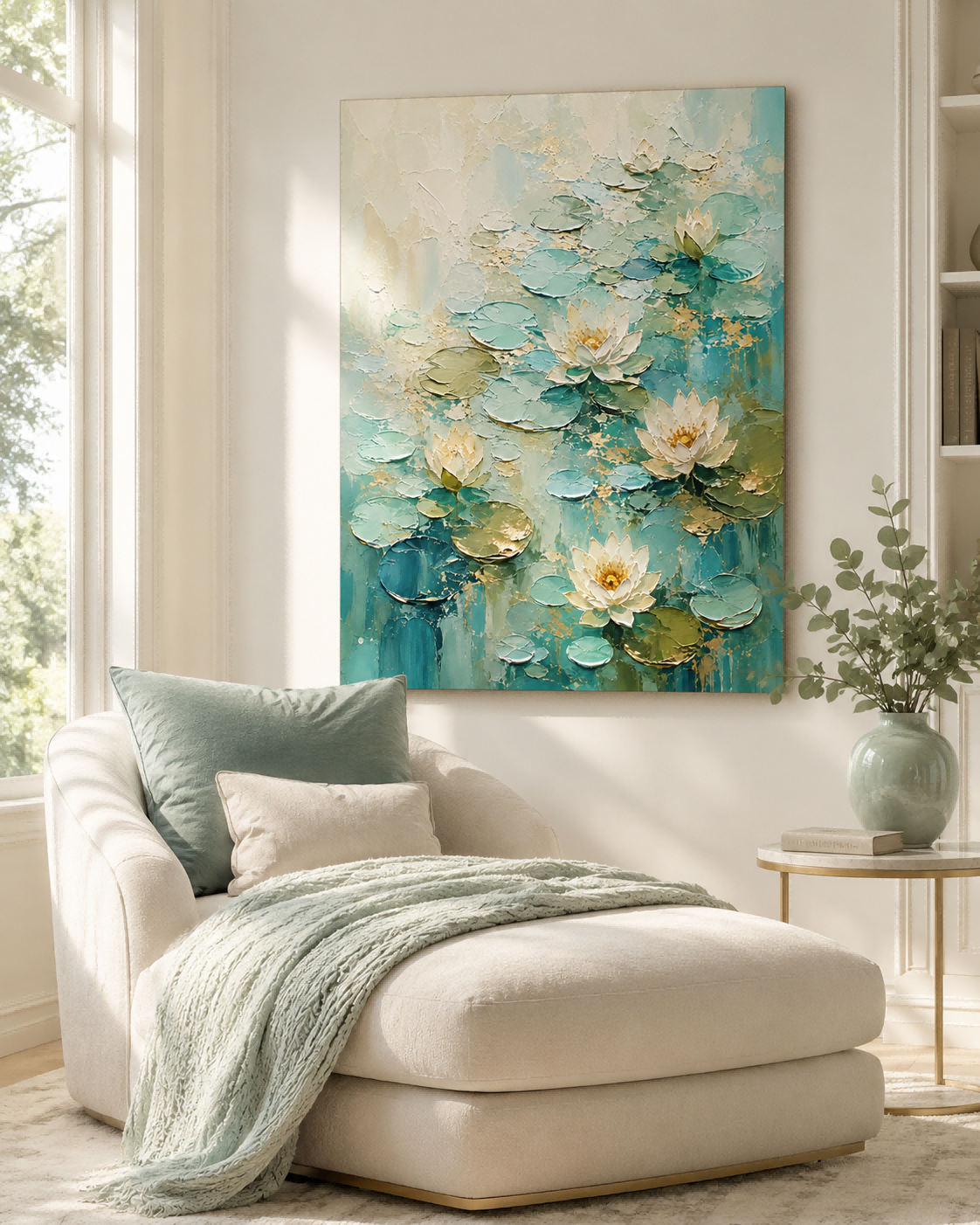 Modern Abstract Impasto Art Inspired By Monets Garden With Teal And White Tones