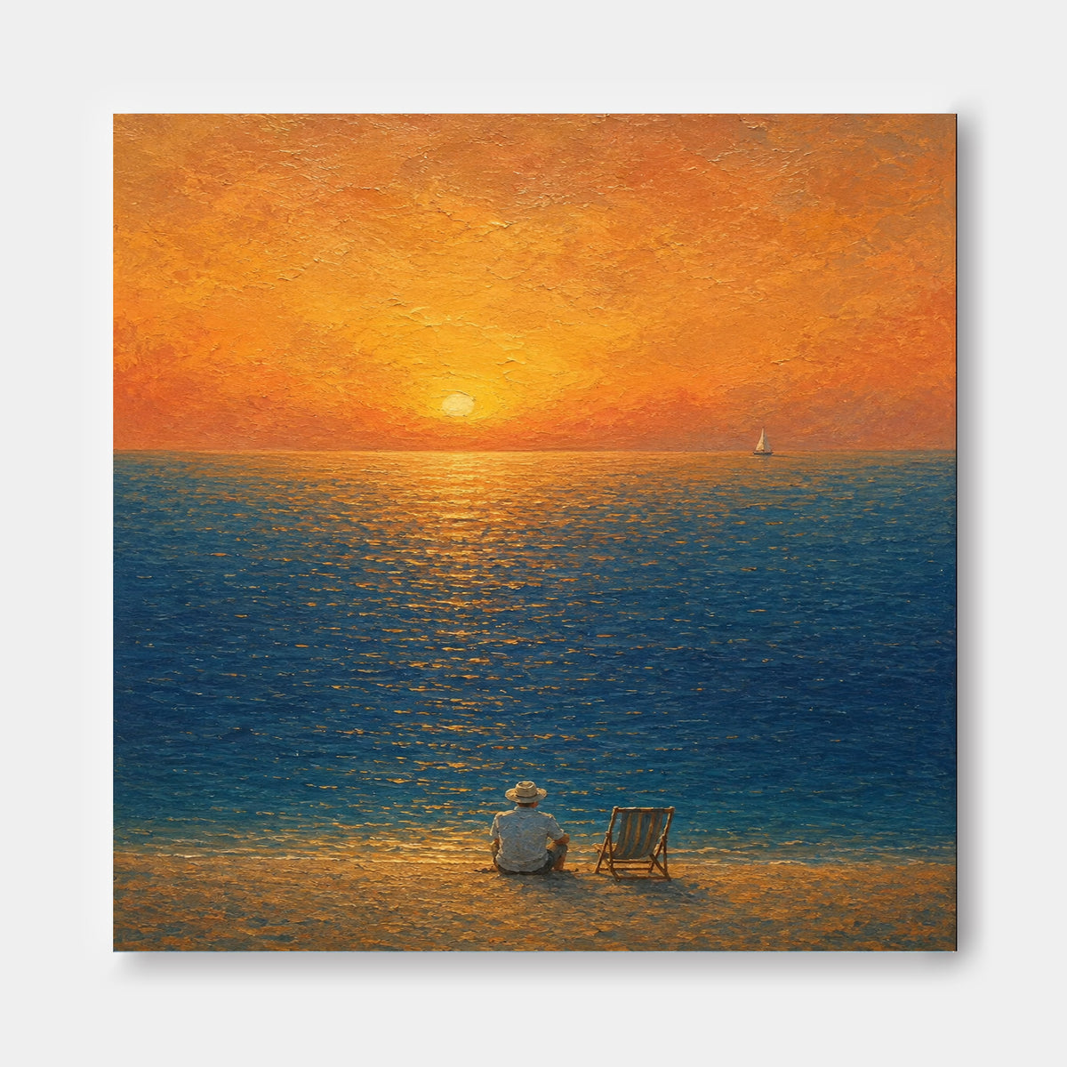 Modern Impressionist Textured Ocean Sunset Art With Golden Glow