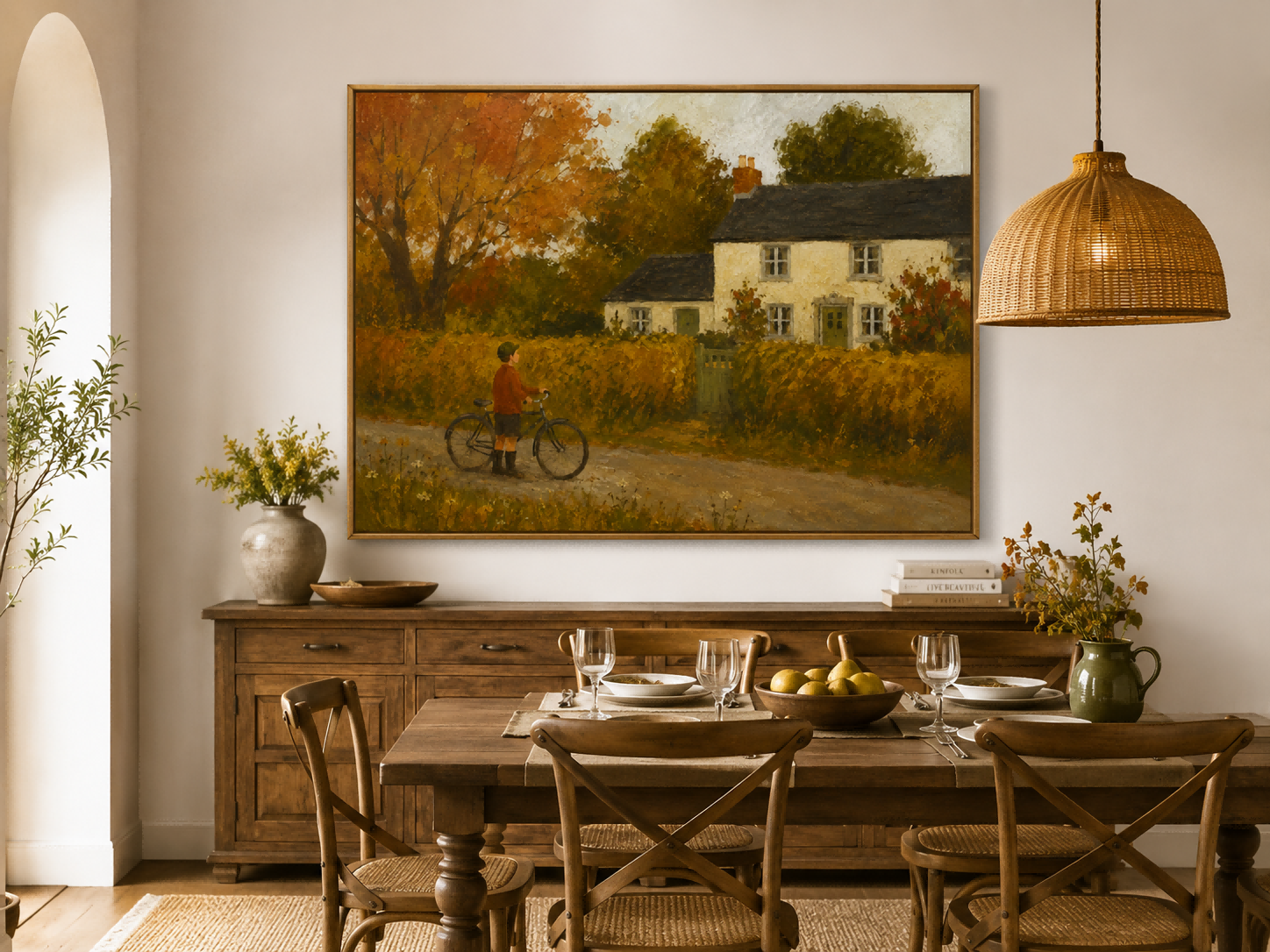 Nostalgic Rural Scene Original Canvas Painting In Classic Realist Style Boy With Bicycle Country Lane Hand-Painted Canvas Art In Golden Autumn Colors