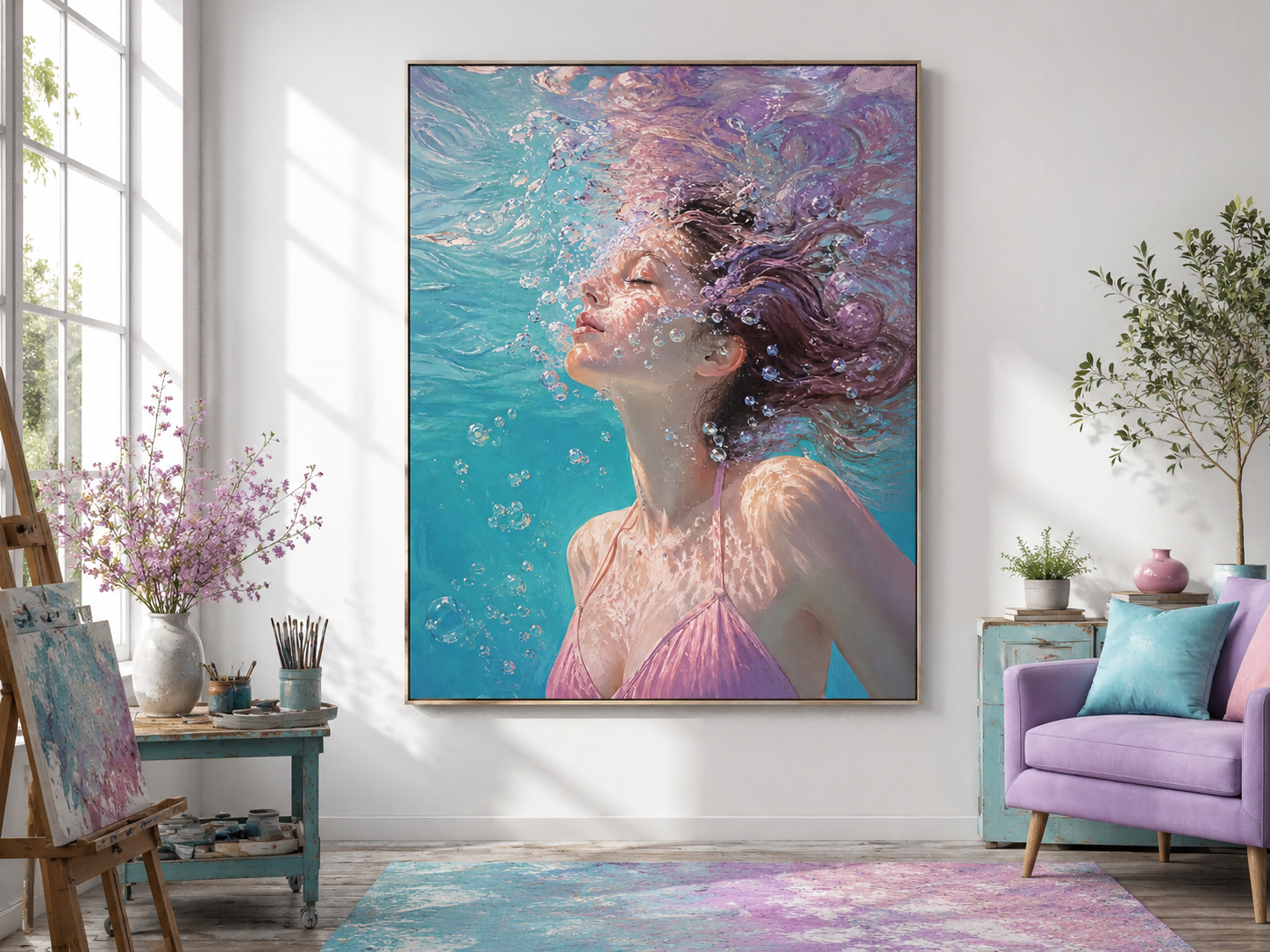 Modern Underwater Woman Painting With Bubbles And Soft Light For Home Decor