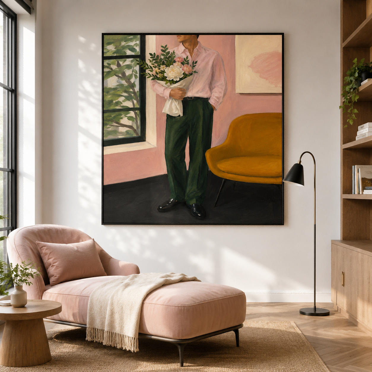 Modern Romantic Figurative Art Canvas Print Gentleman With Bouquet In Warm Tones