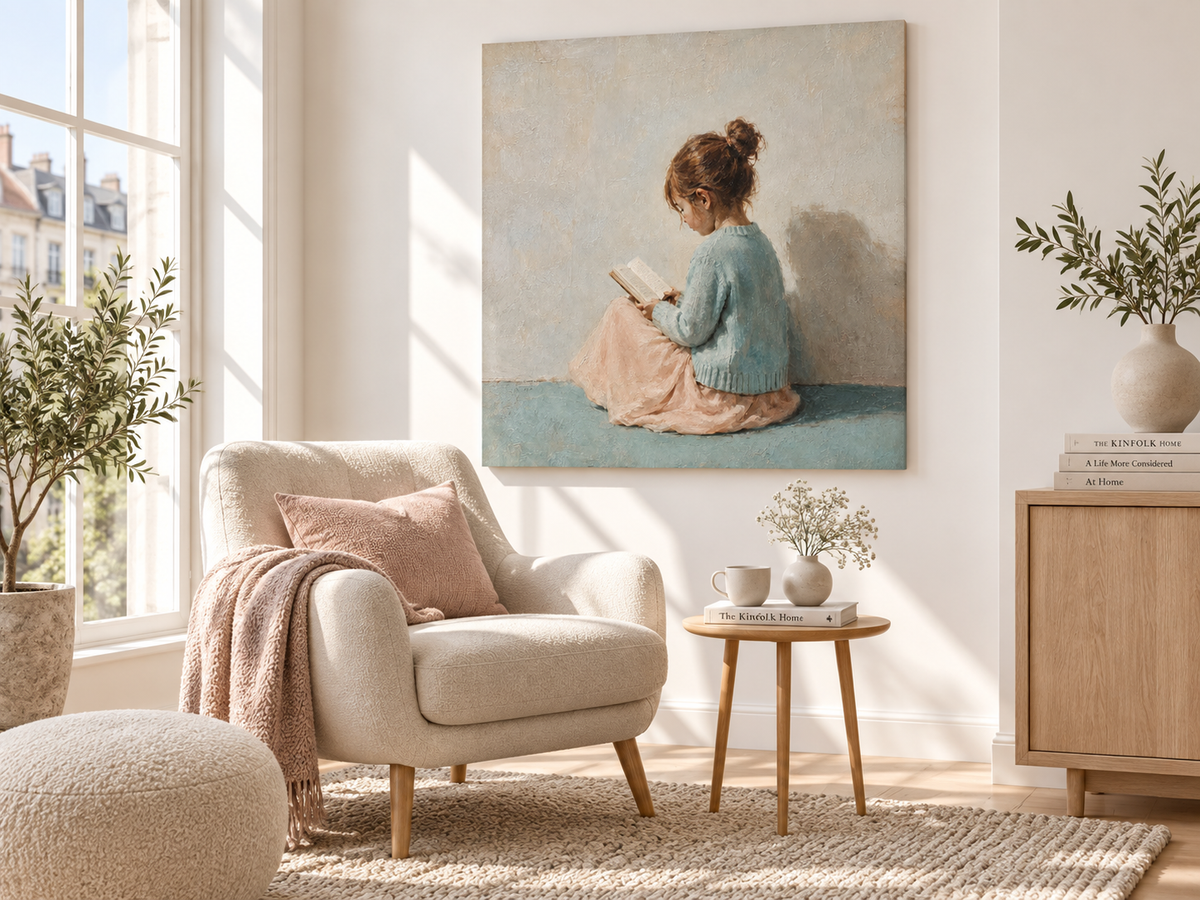 Girl Reading Book Hand-Painted Canvas Art With Blue Sweater And Gray Wall