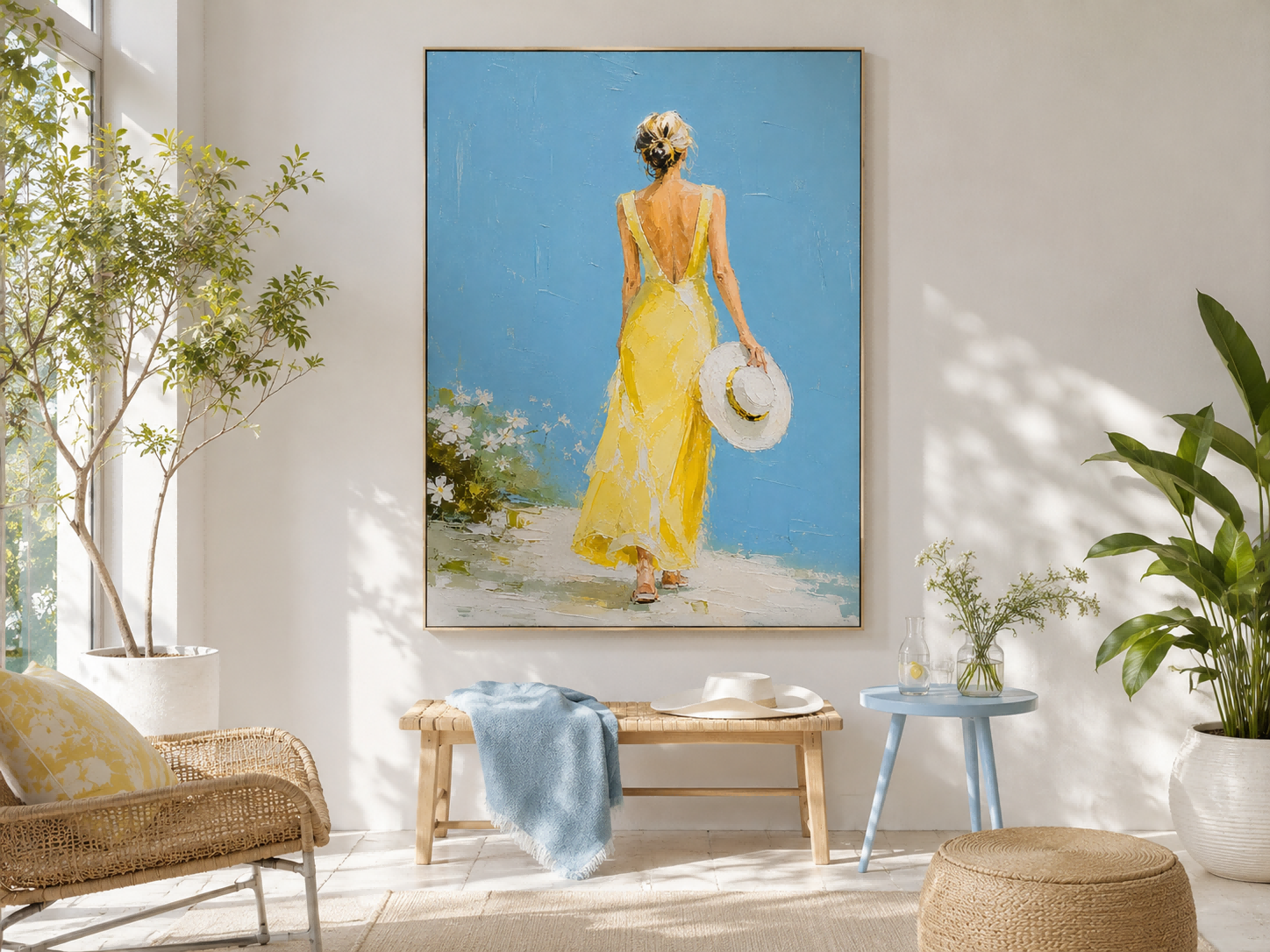 Minimalist Impasto Oil Painting Of Lady Back View With Hat And Flowers Modern Wall Art For Bedroom Or Lounge