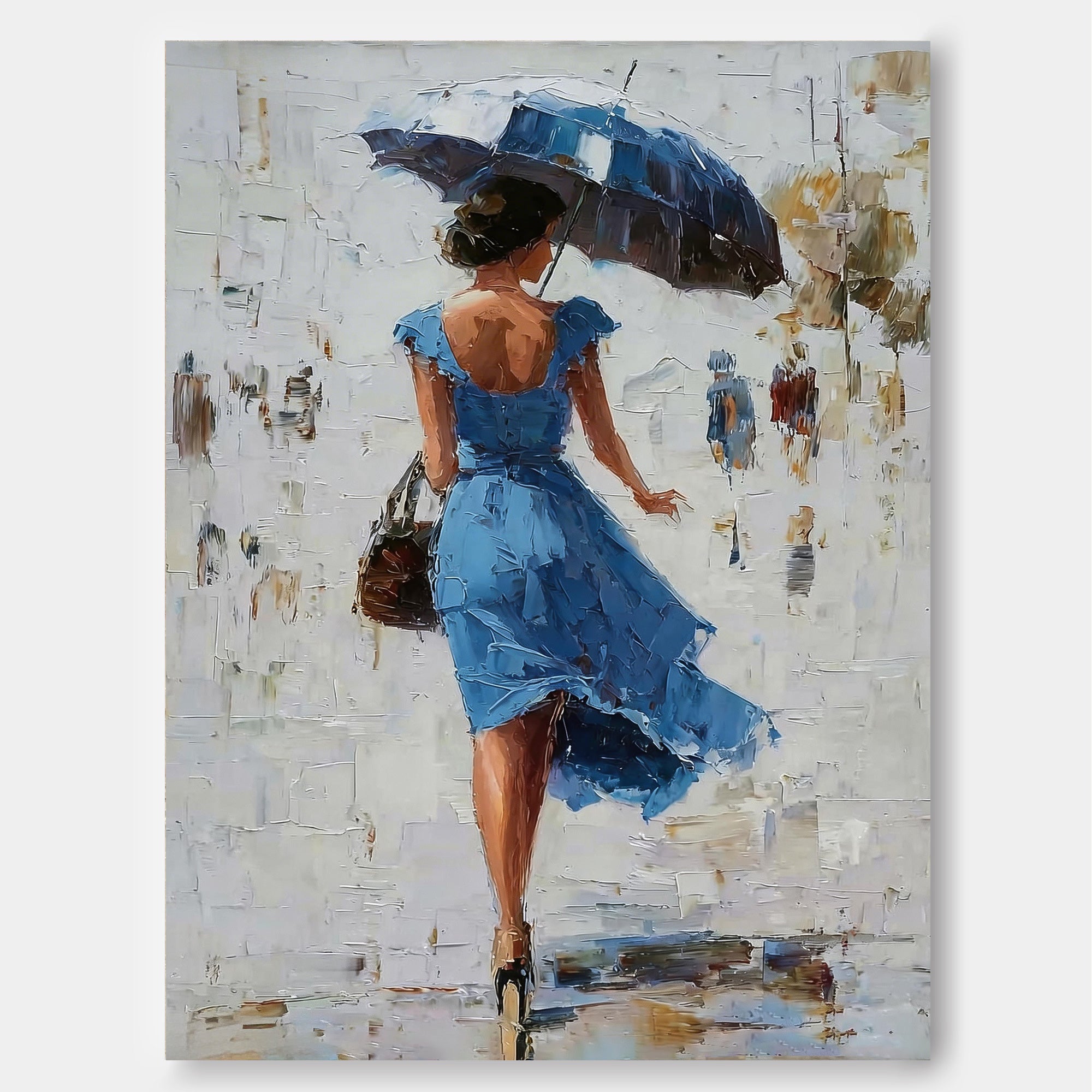 Rainy Day Street Scene Oil Painting Original Lady Art For Bedroom And Lounge