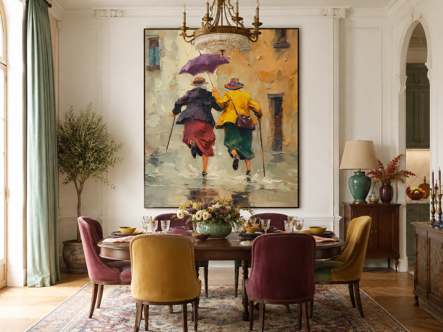Impressionist Oil Painting Of Two Women Running In Rain With Umbrella For Living Room Wall Art Decor