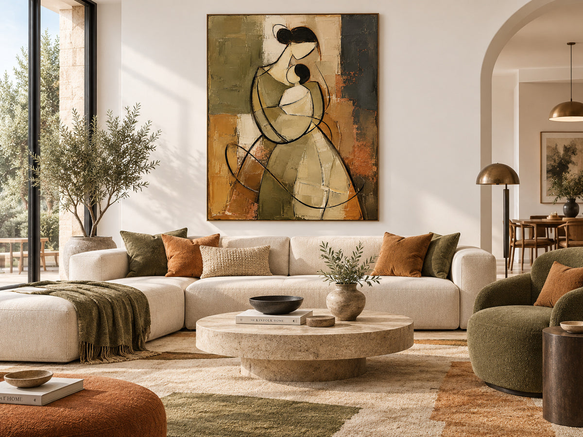 Vintage Style Minimalist Line Art Painting Warm Brown And Green Tones Abstract Mother And Child Canvas Painting