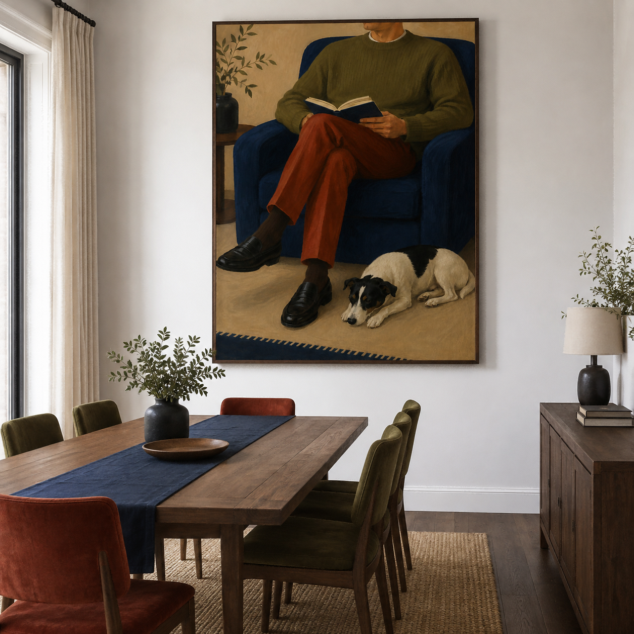 Cozy Living Room Wall Art Featuring Man And Pet In Modern Style