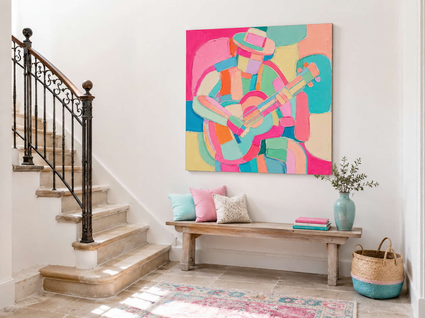 Vibrant Modern Musician Painting With Geometric Blocks For Living Room Decor