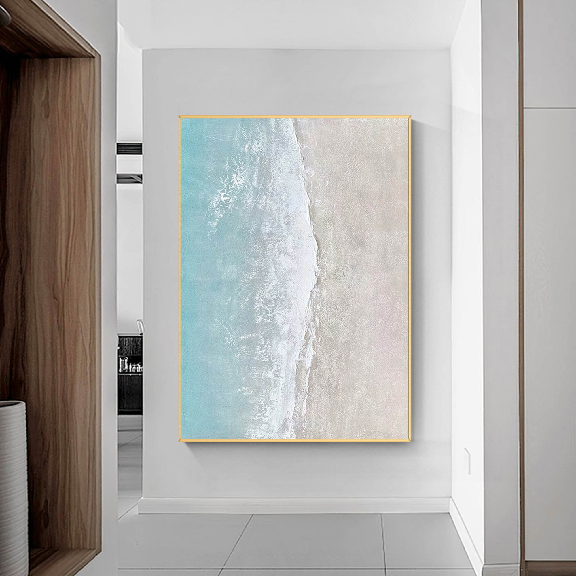 Abstract Original Beach Oil Painting On Canvas Large Blue Ocean Wall Art Seascape Painting Living room Wall Decor