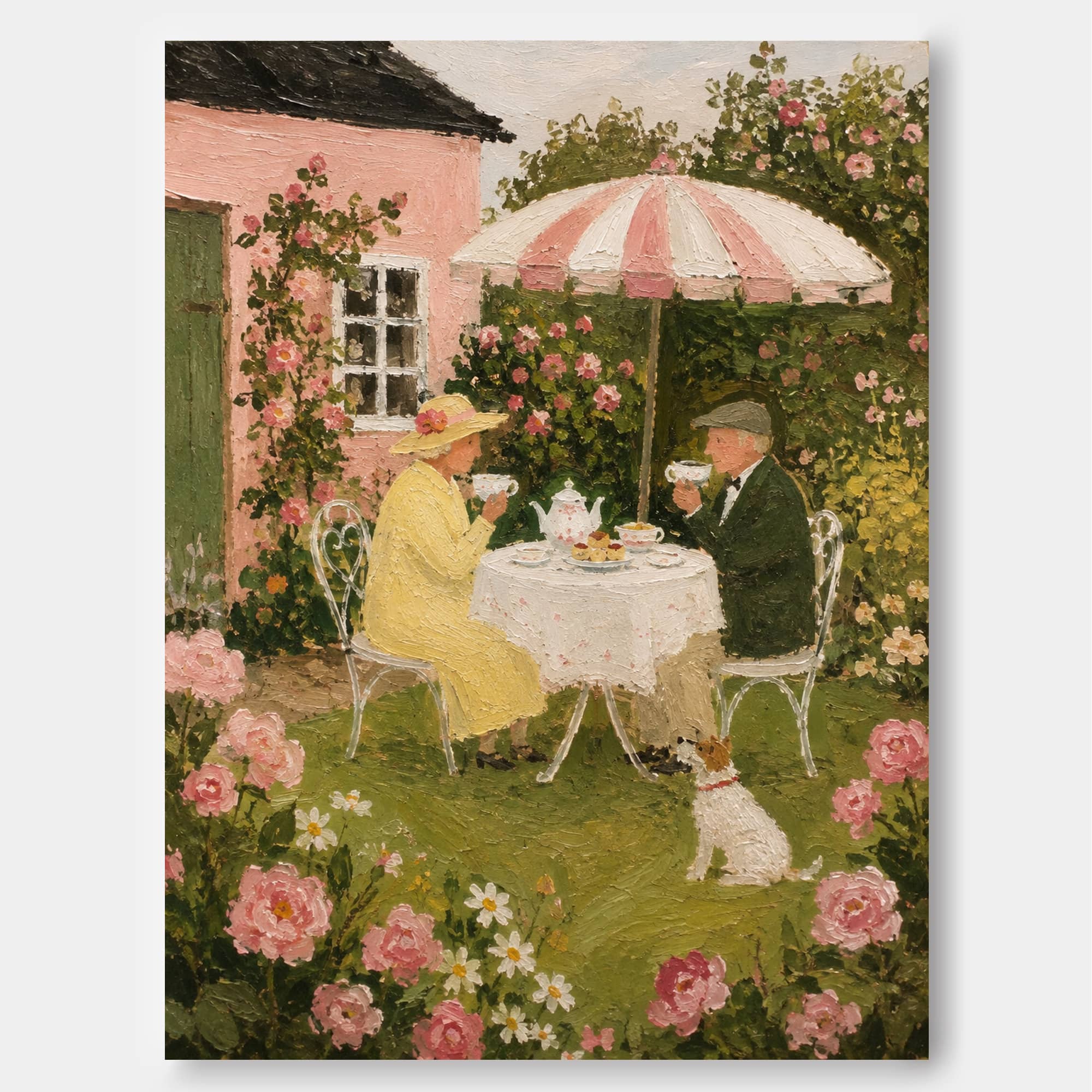Vintage Romantic Oil Style Wall Art With Pink Roses And Tea Time Atmosphere