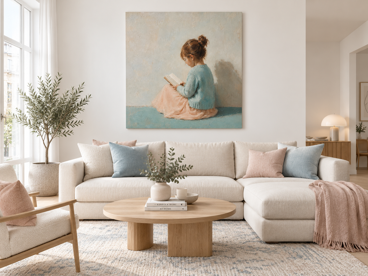 Girl Reading Book Hand-Painted Canvas Art With Blue Sweater And Gray Wall