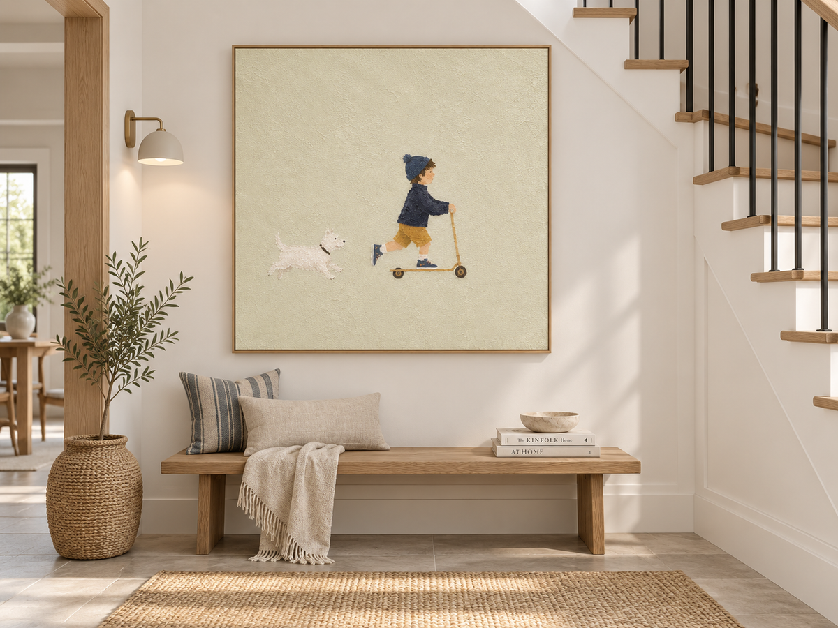 Modern Naive Art Canvas Painting Abstract Boy And Dog Story