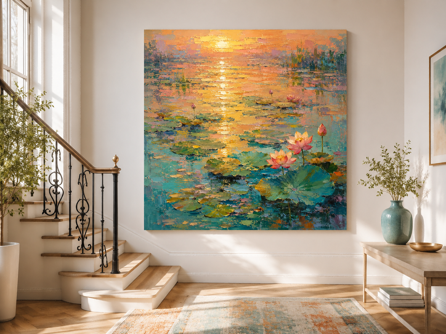 Modern Impressionist Floral Landscape Oil Painting With Gold And Pink Hues