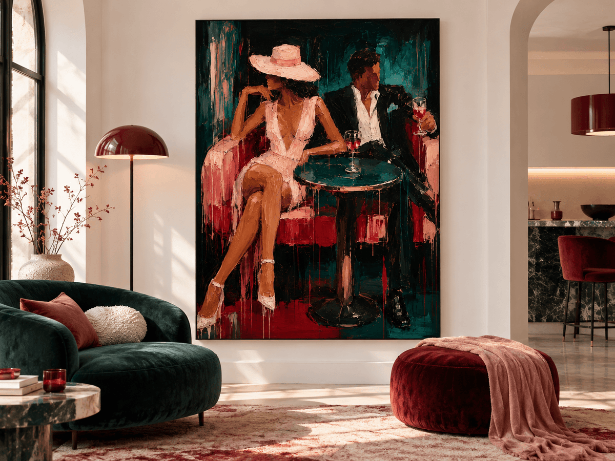 Modern Textured Oil Painting Of Elegant Man And Woman In Retro Style