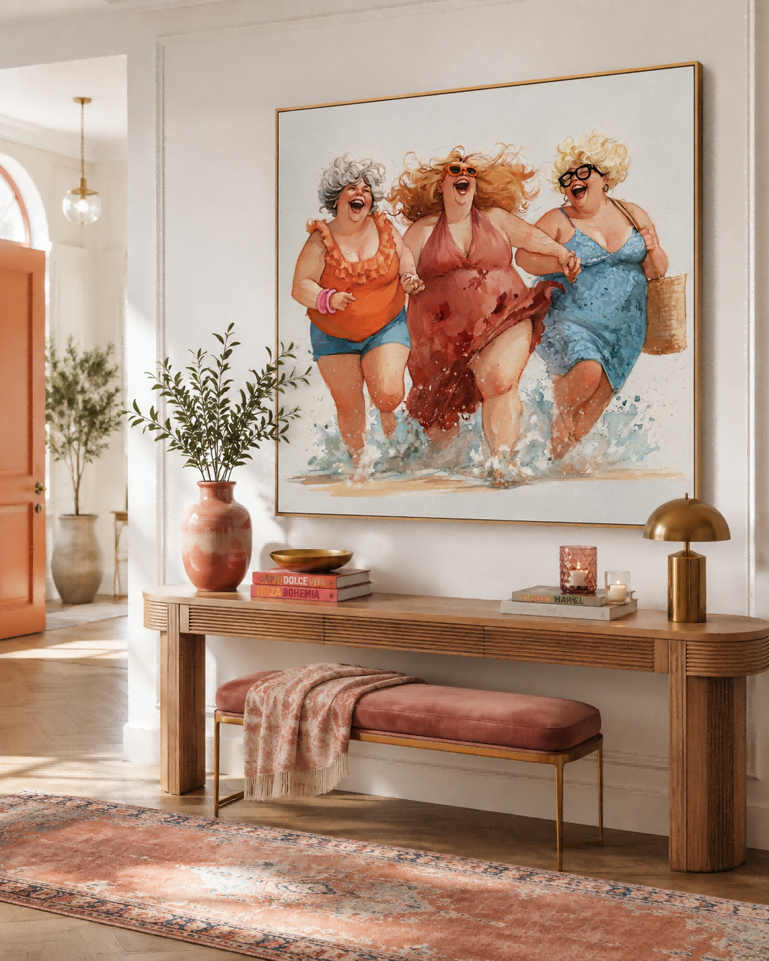 Vibrant Women Painting For Living Room With Coastal Theme And Happy Sisters Art