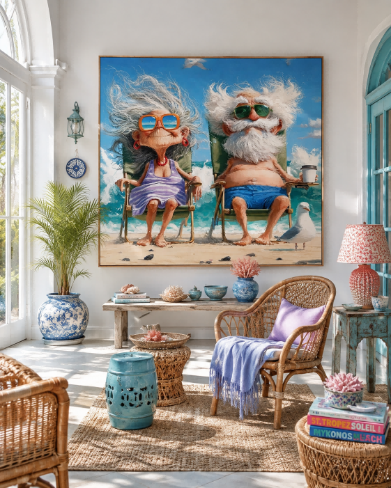 Quirky Modern Caricature Painting Of Seniors At Beach Great For Contemporary Wall Art Collections