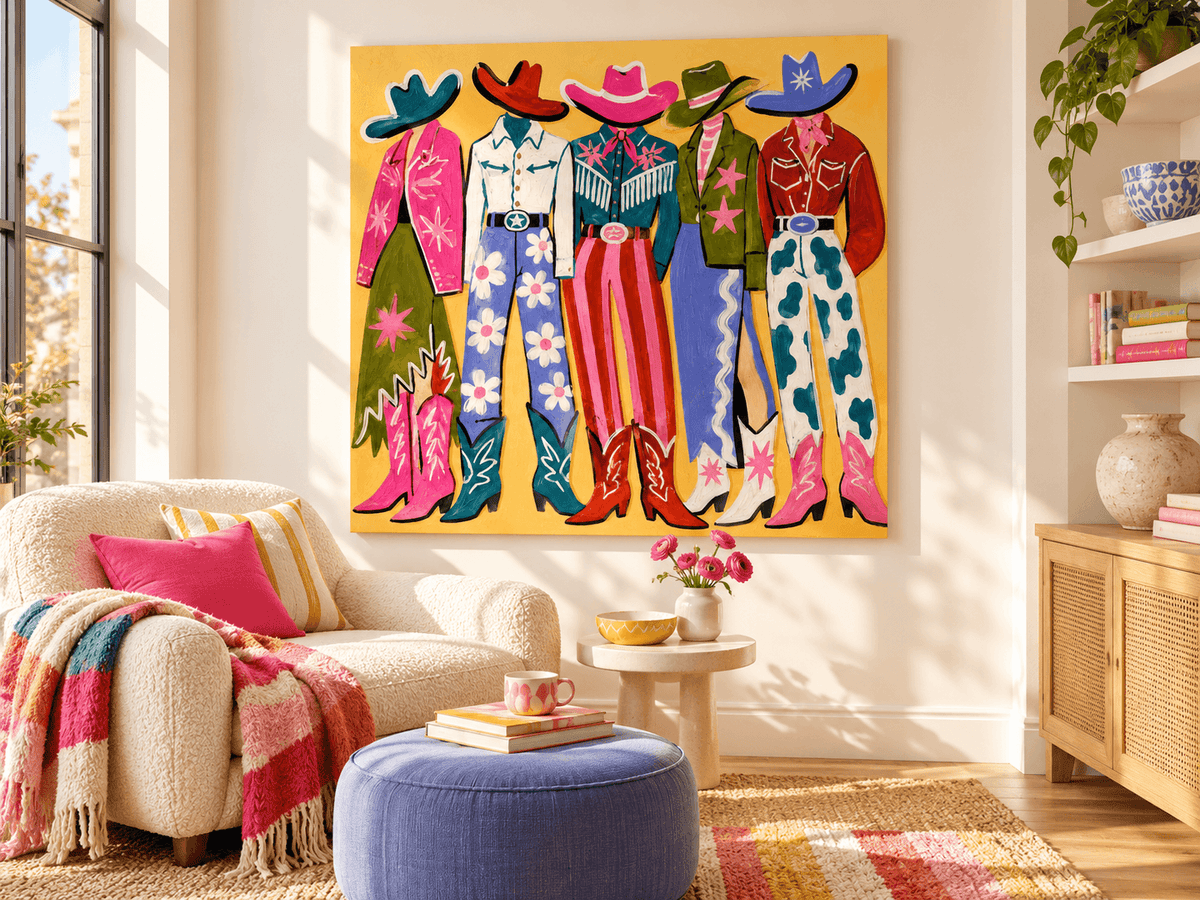 Pop Art Style Cowboy Painting Colorful Retro Fashion Illustration On Canvas