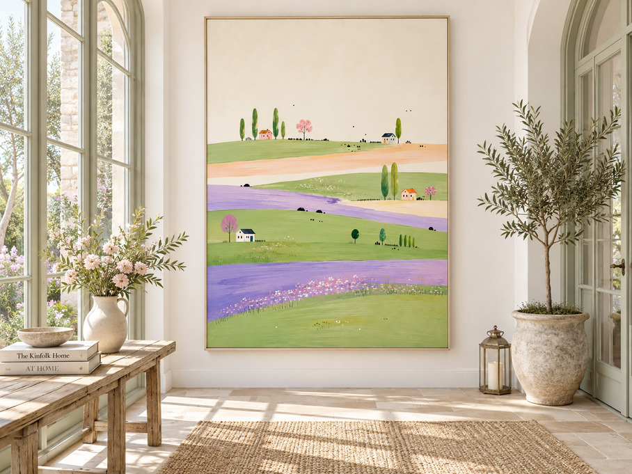 Whimsical Lavender Field Landscape Hand-Painted Canvas Art With Green Hills