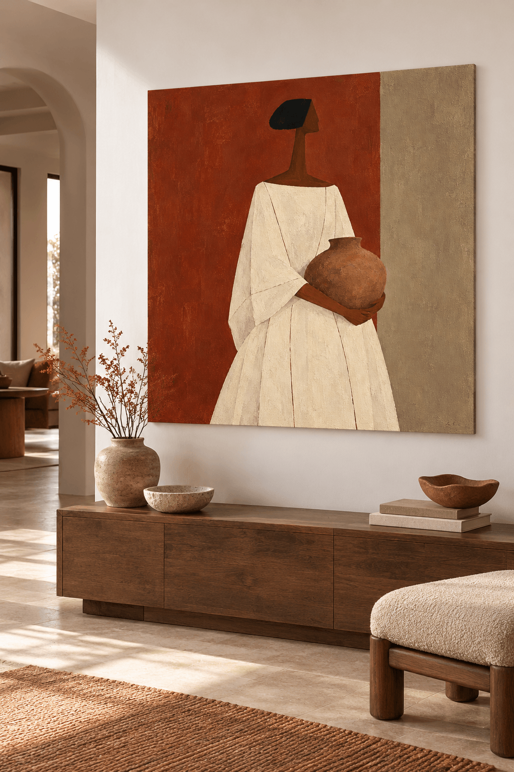 Wabi-Sabi Textured Abstract Painting With Geometric Figures And Earthy Colors