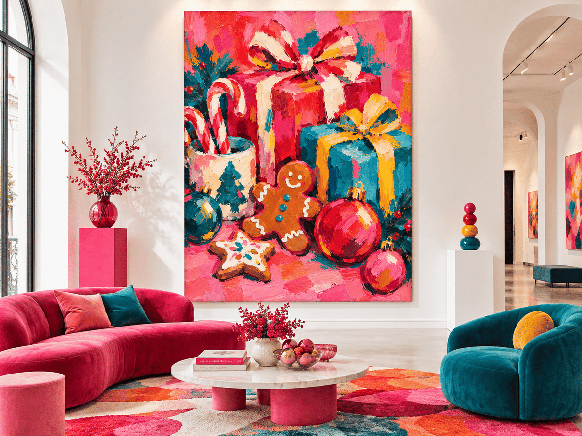Abstract Vintage Holiday Painting With High Saturation Magenta And Teal Tones
