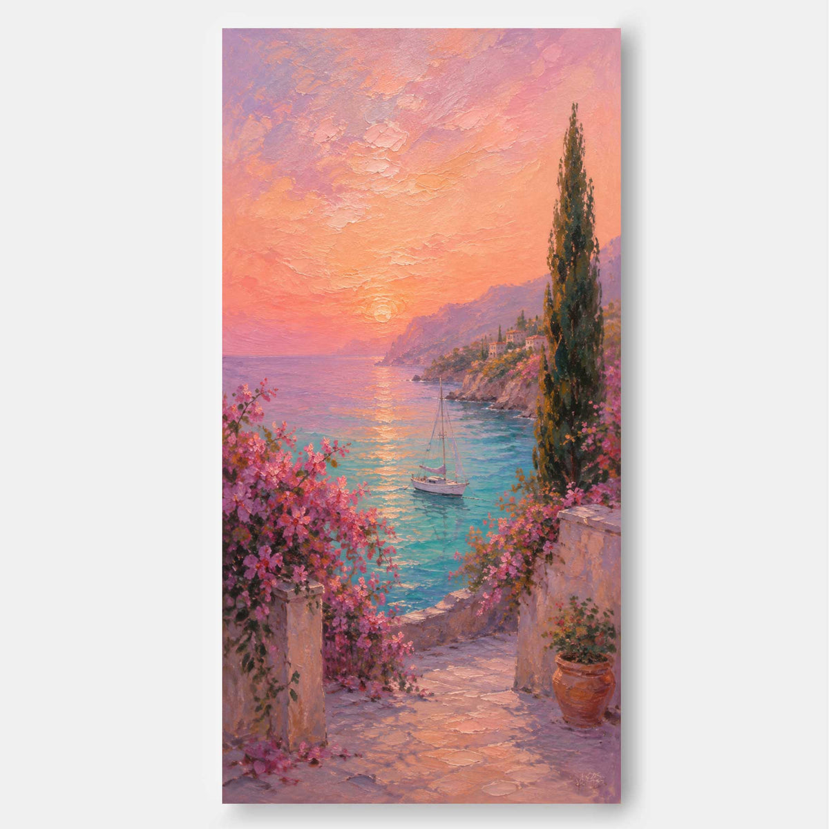 Hand-Painted Mediterranean Sunset Seascape With Sailboat Canvas Art