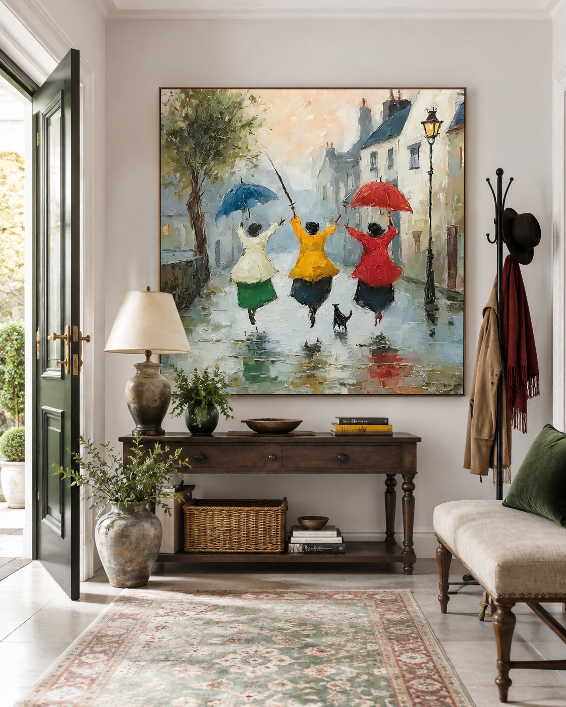 Impressionist Street Scene Oil Painting With Three Women In Rain For Modern Living Room Decor