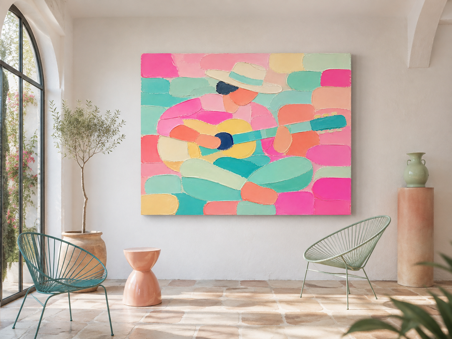 Modern Minimalist Guitar Player Oil Painting With Impasto Texture For Living Room Decor