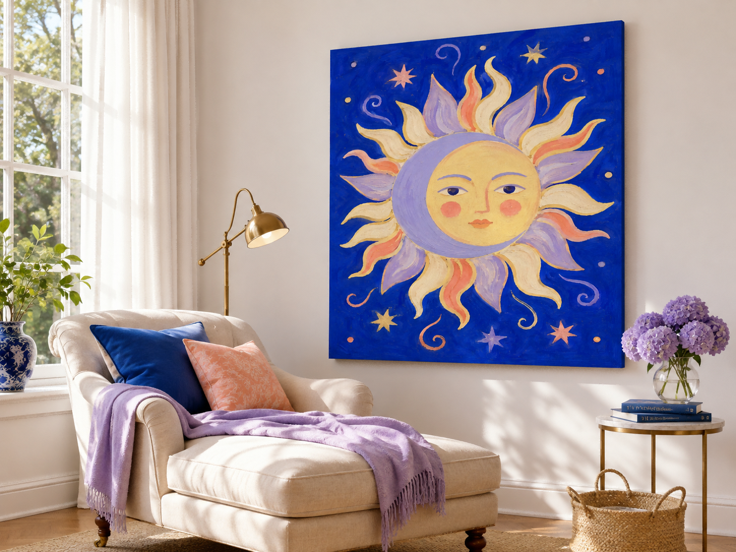 Art Deco Inspired Fantasy Sun Moon Painting With Cosmic Theme