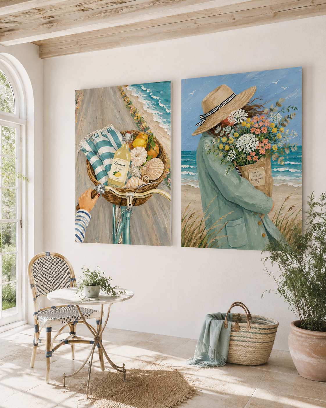 Seaside Bicycle And Flower Girl Hand-Painted Diptych Canvas Art With Blue Ocean