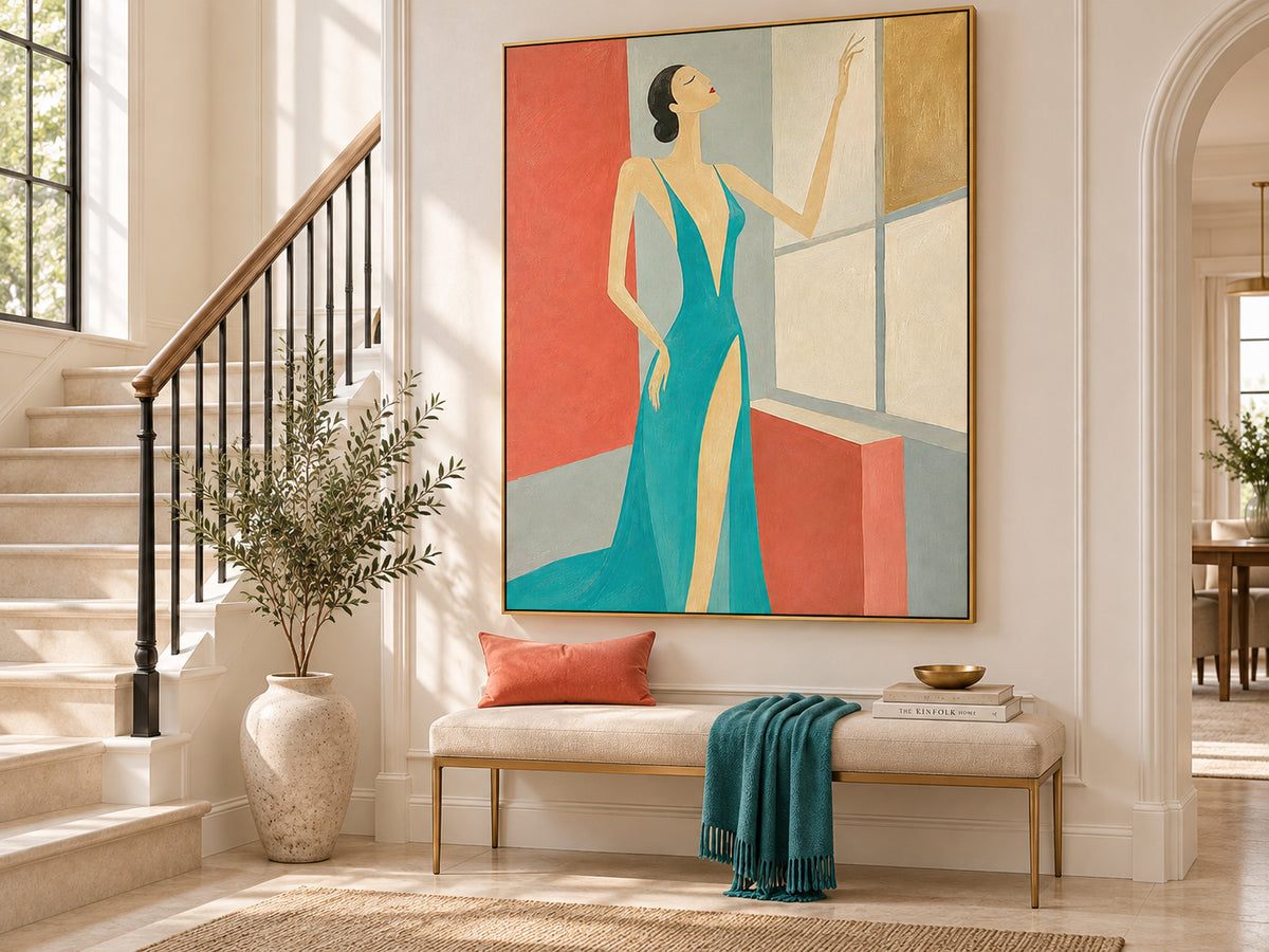 Elegant Woman In Blue Gown Modern Hand-Painted Canvas Art For Fashion Lovers