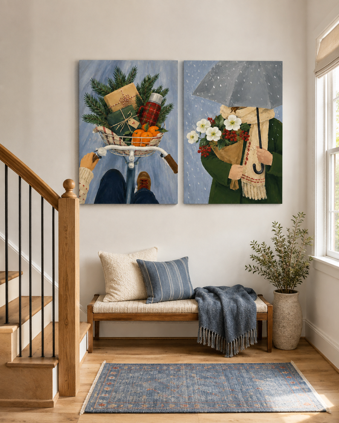 Hand-Painted Winter Scene Diptych With Bicycle And Flowers Canvas Art