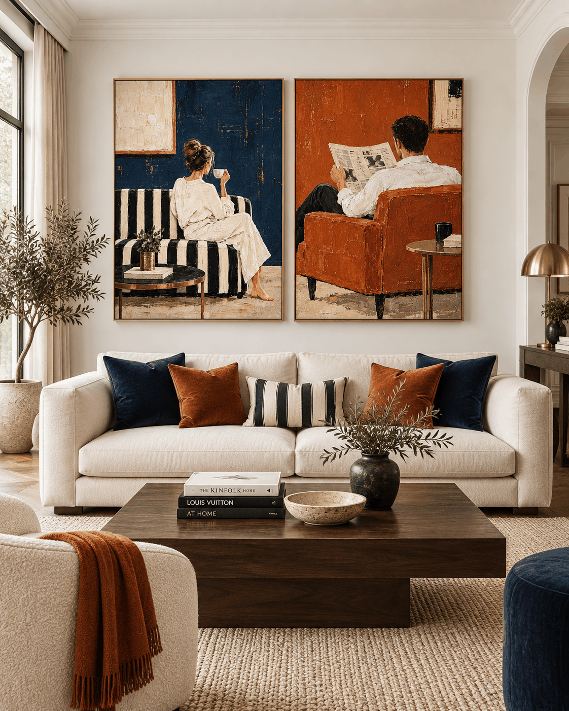 Textured Modern Art Diptych Original Handmade Canvas Painting In Blue And Terracotta Couple Wall Art