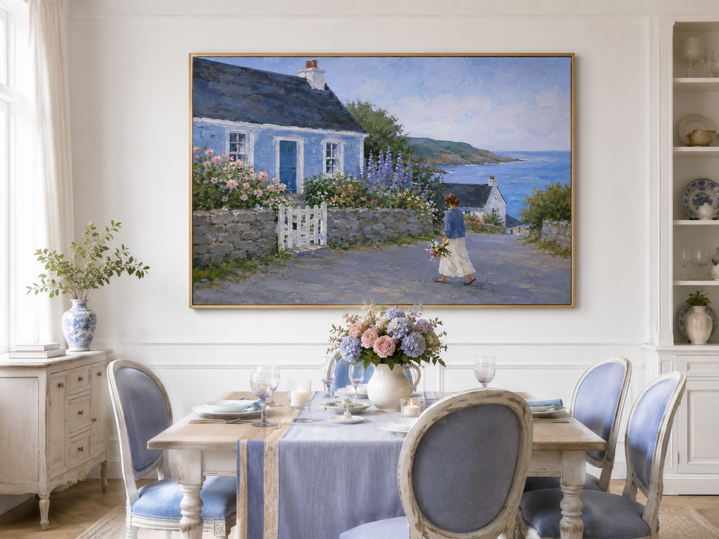 Seaside Landscape Wall Art For Living Room Blue House Painting