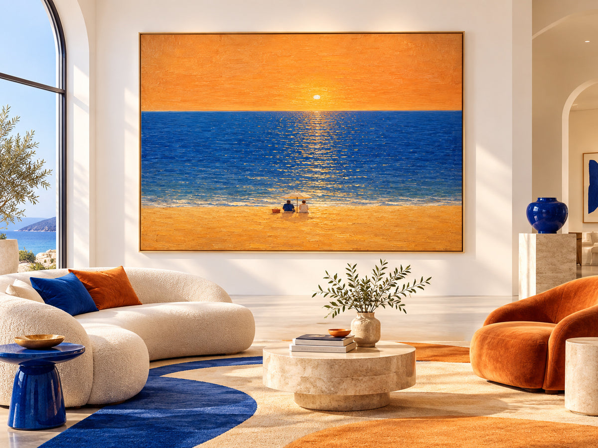 Romantic Sunset Beach Couple Hand-Painted Canvas Wall Art With Orange Sky