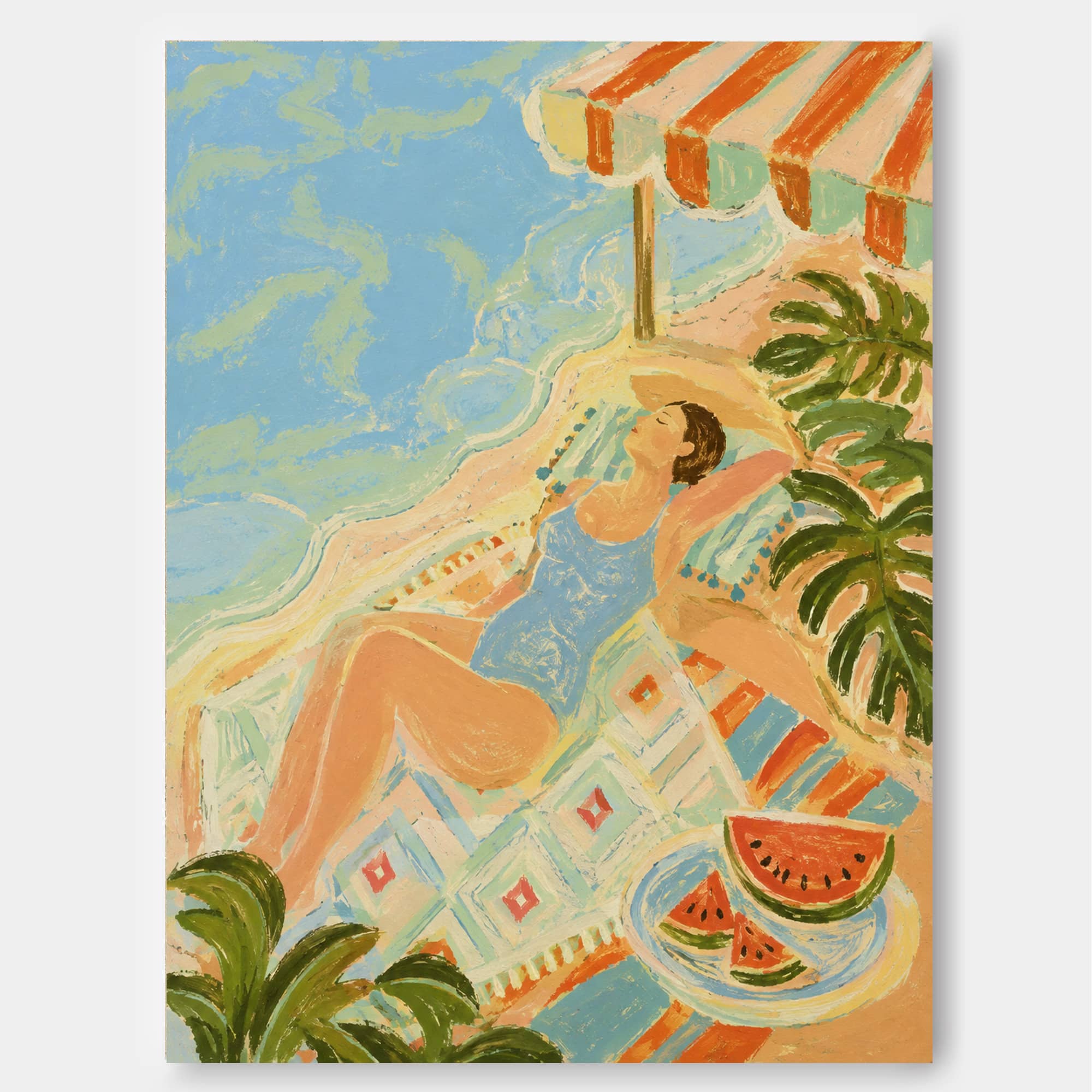Dreamy Art Deco Style Painting With Ocean And Tropical Elements