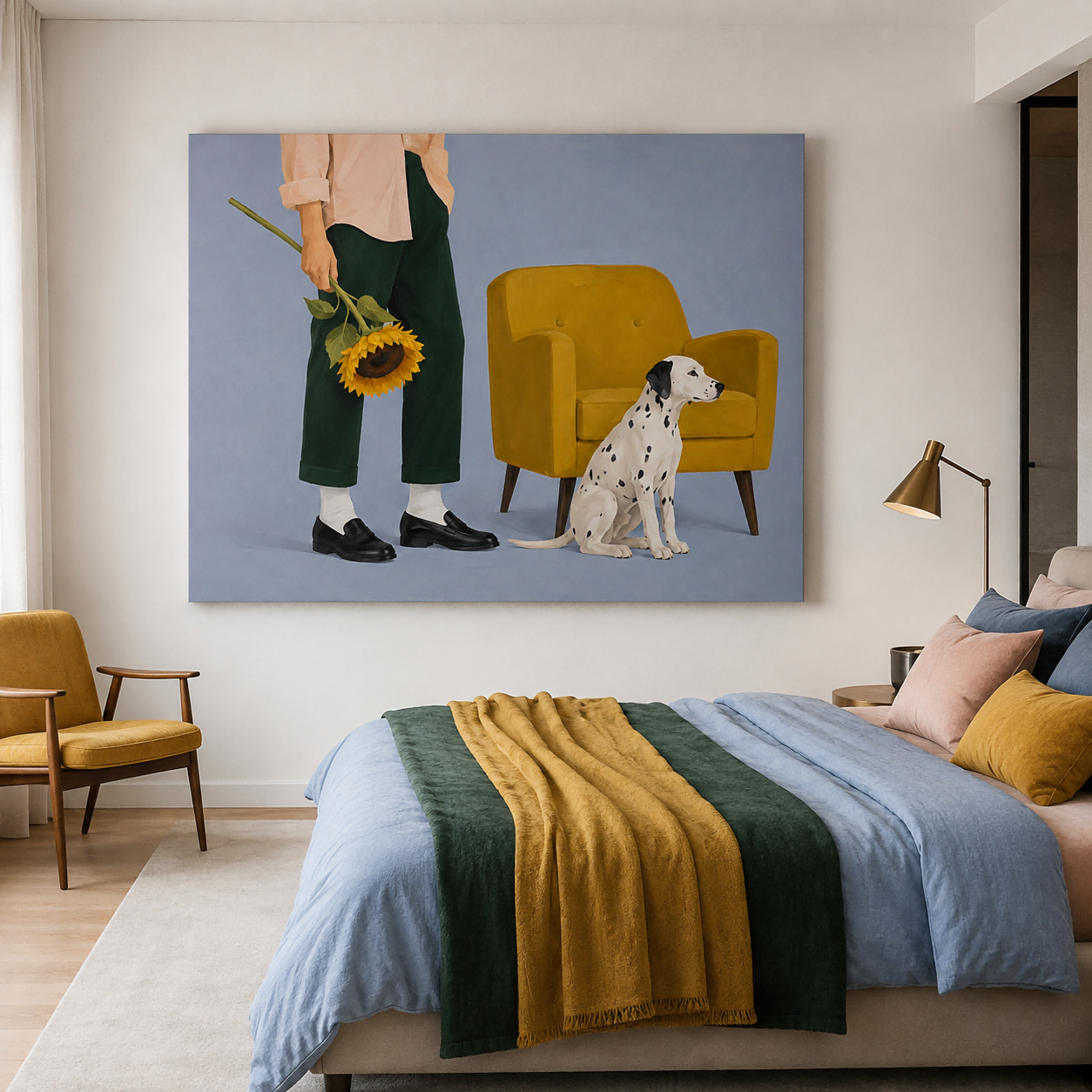 Modern Minimalist Figurative Oil Painting With Warm Tones Hand-Painted Canvas Of Man With Sunflower And Dog
