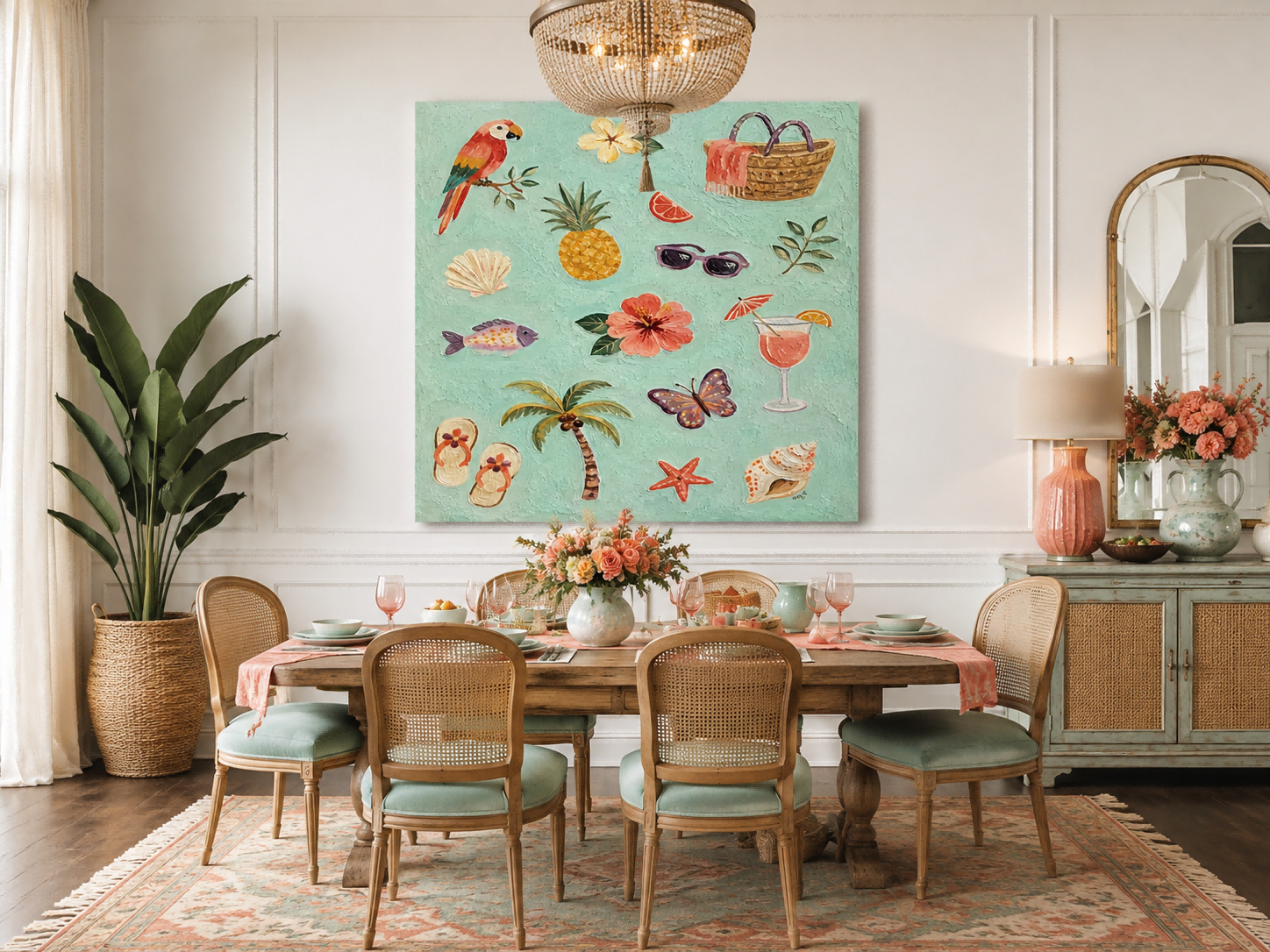 Vibrant Tropical Beach Art With Parrot And Pineapple For Boho Living Room Decor