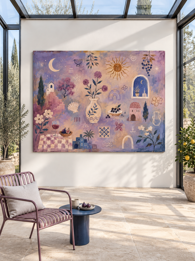 Mediterranean Abstract Canvas Painting With Sun Moon And Flowers