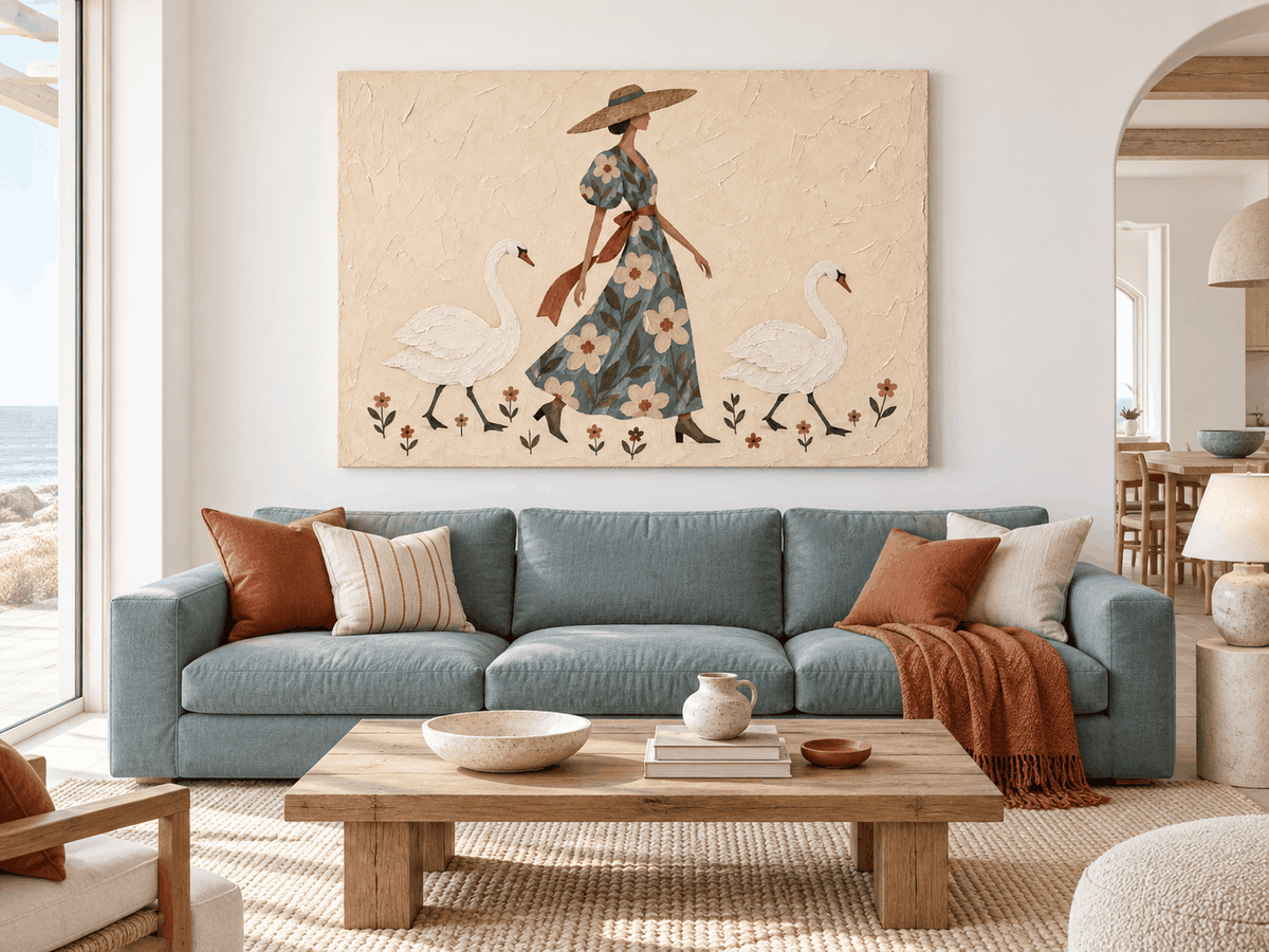 Lady With Swans Hand-Painted Canvas Art In Sage Green And Beige