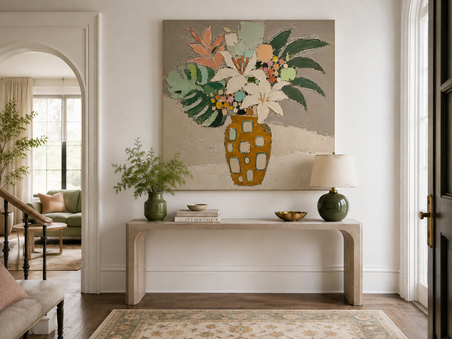 Abstract Floral Still Life With Lilies And Tropical Leaves Hand-Painted Canvas Art