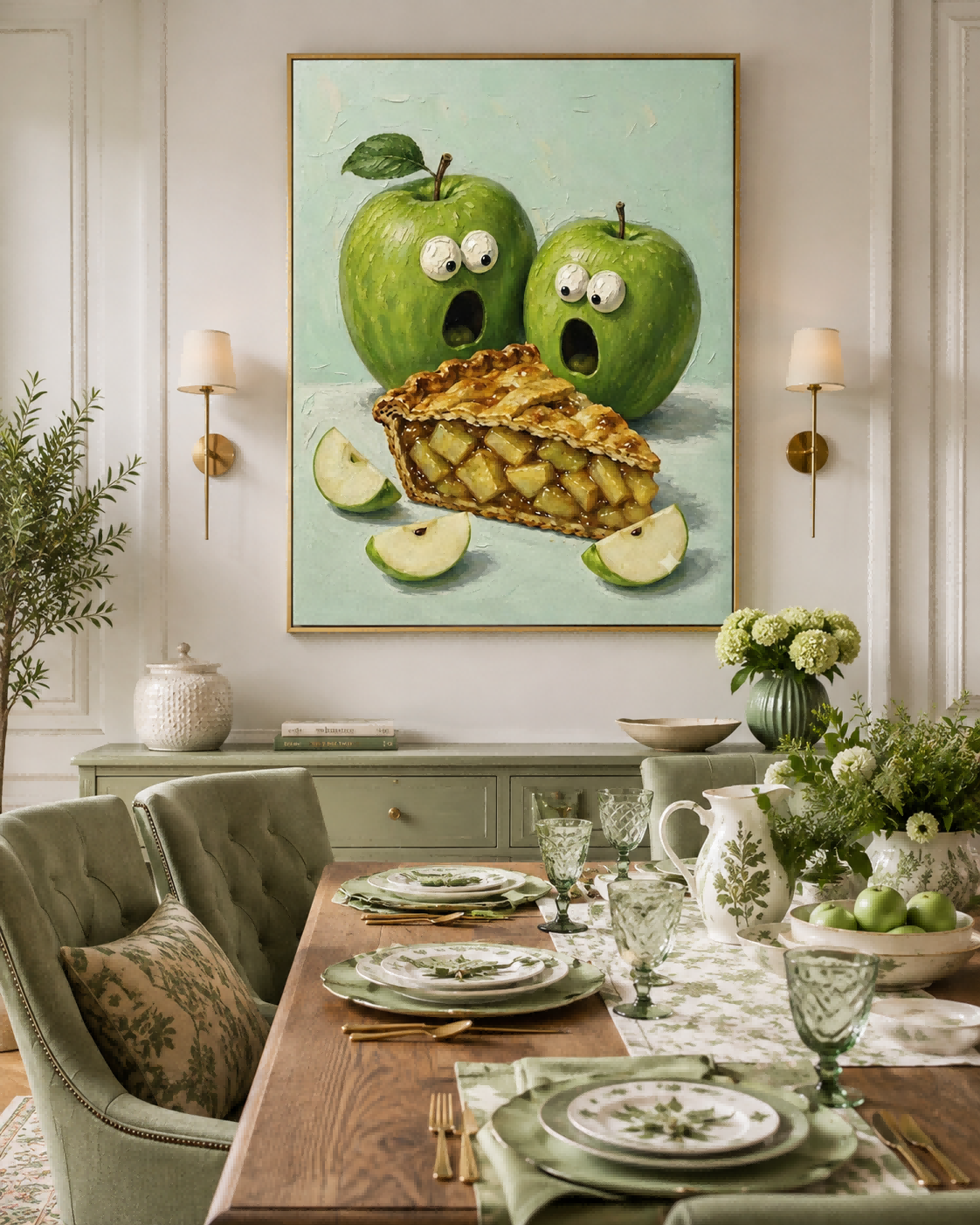 Whimsical Green Apple Pie Painting Abstract Food Art For Modern Kitchen Wall Decor
