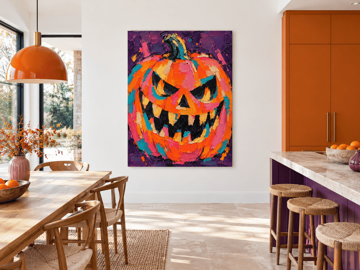 Hand-Painted Abstract Pumpkin Canvas Art With Bold Orange And Purple Colors