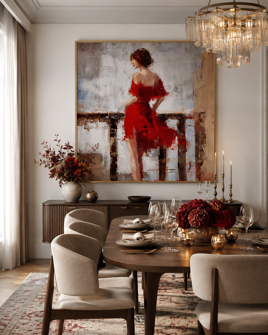 Vintage Style Red Dress Woman Painting Original Square Canvas Art For Living Room Decor
