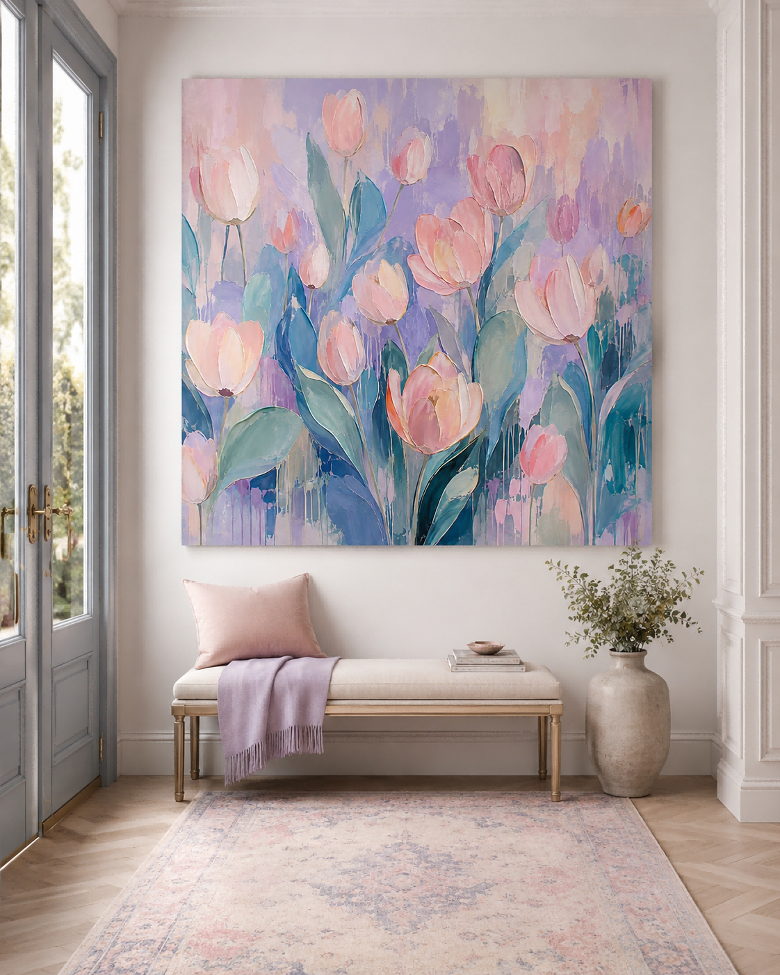 Luxury Floral Wall Art For Living Room Soft Pink And Lavender Decor