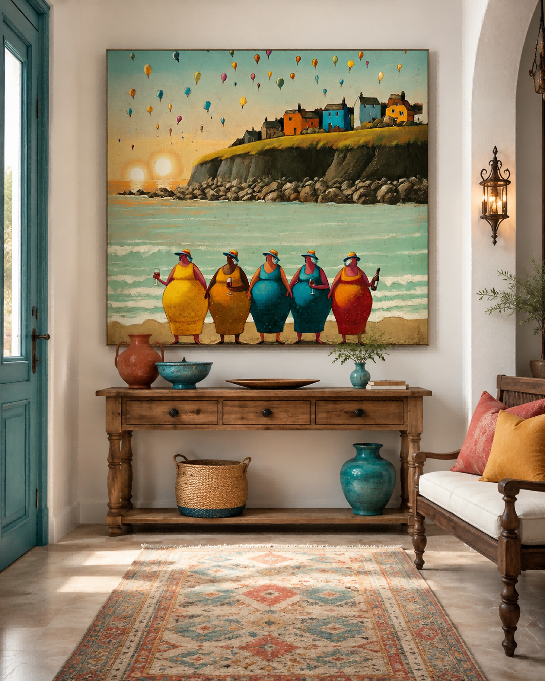 Colorful Women By The Sea Square Canvas Art For Living Room Decor